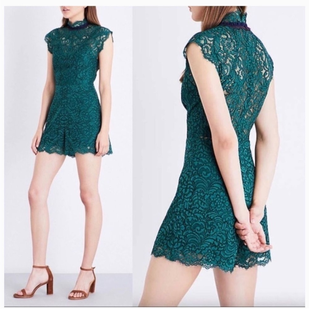SANDRO | emerald green Raquel lace mock neck cap sleeve romper, size 1 or small